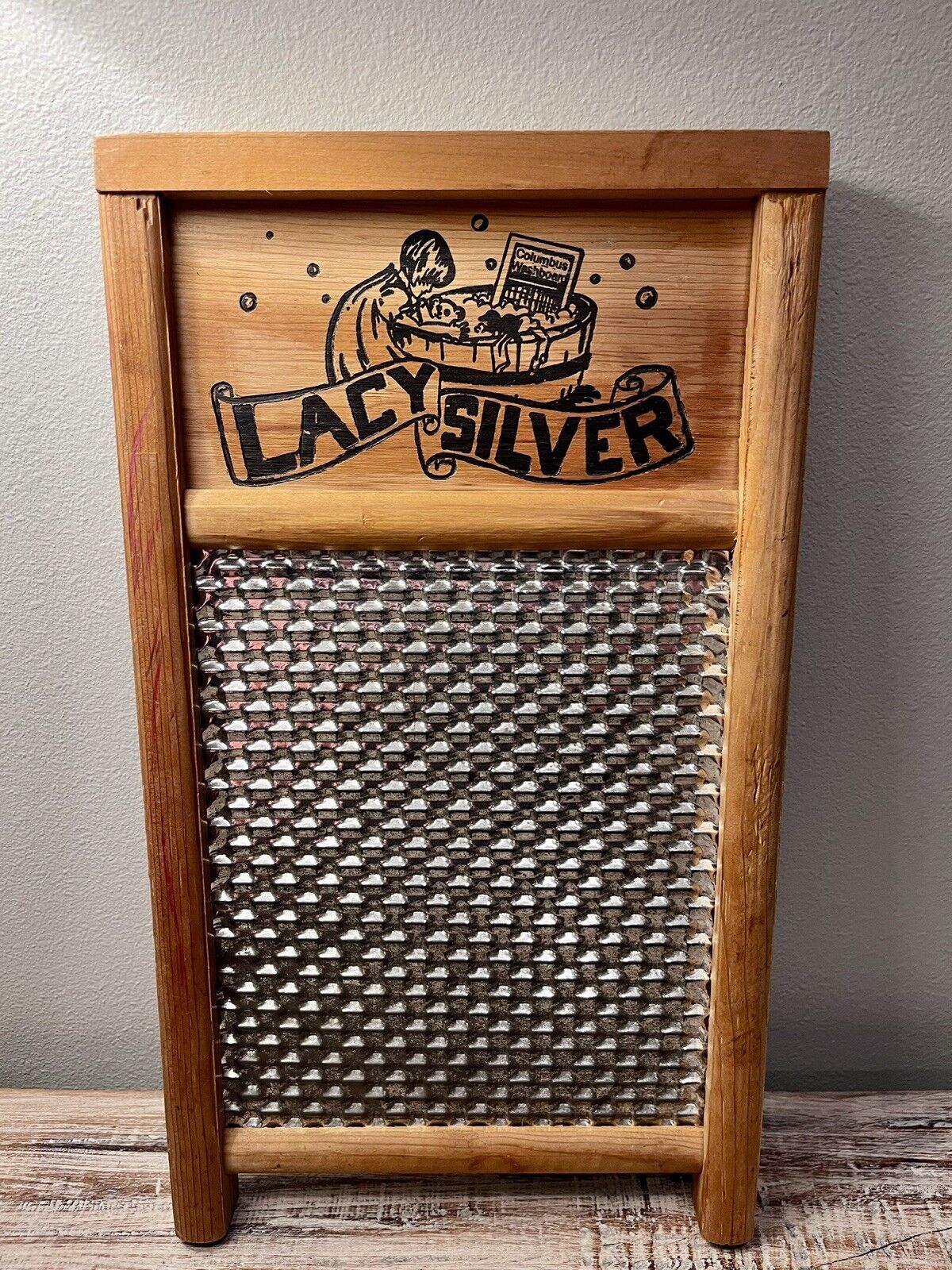 Lacy Silver Washboard (Vintage) Columbus Ohio Bear On Easy Board Sm Wood Metal