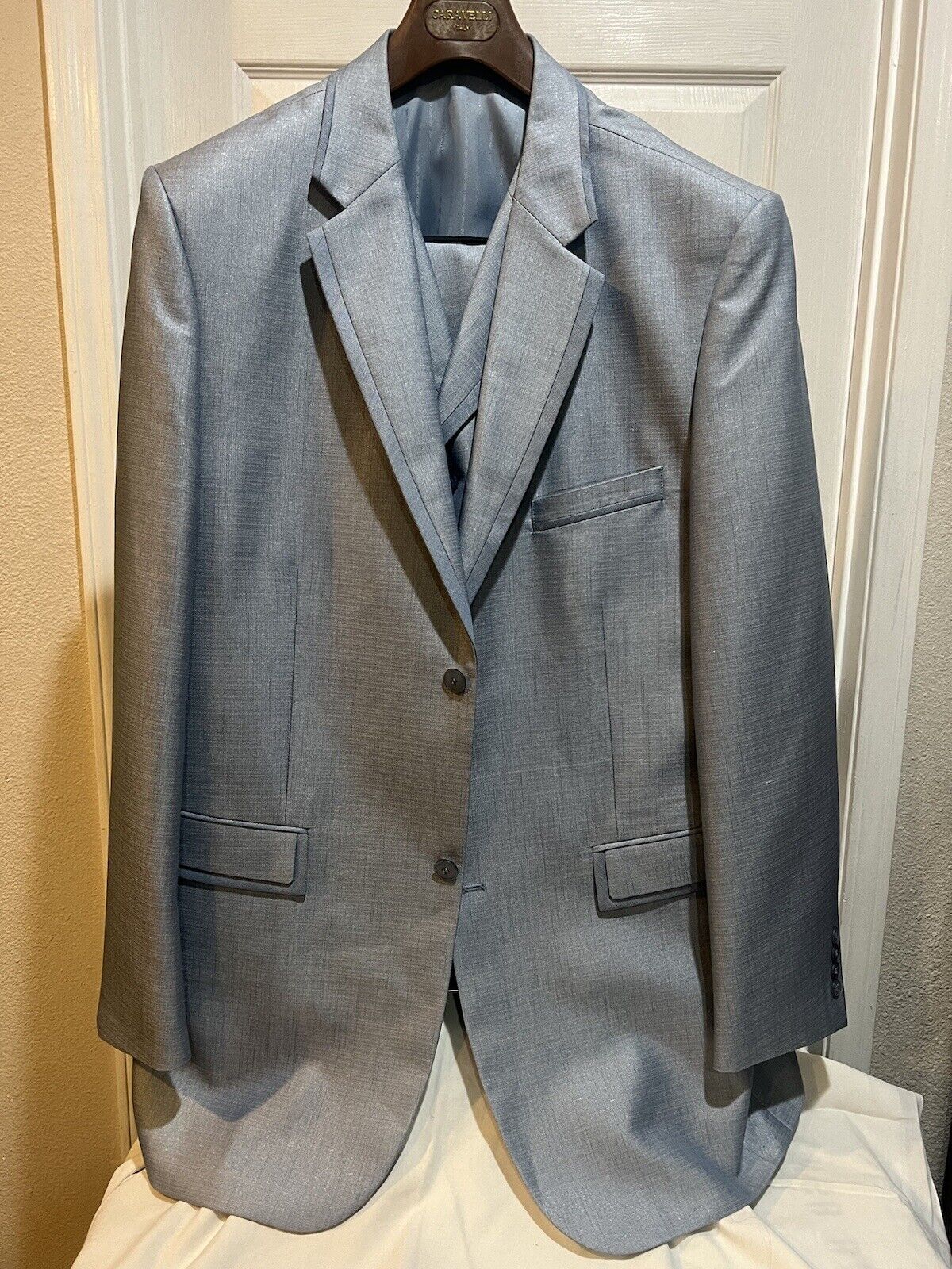 Stacy Adams Men’s Dream Blue Satin 3 Piece Tuxedo Suit 48L
