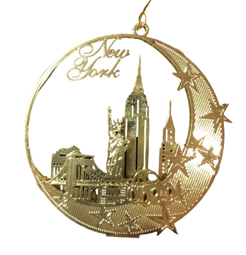 Christmas Ornament with New York Skyline -Gold Plated Brass Collectible Souvenir