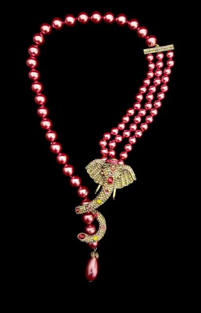 Heidi D Ravishing Wrap Ture Crystal Elephant Beaded Necklace Pink Red