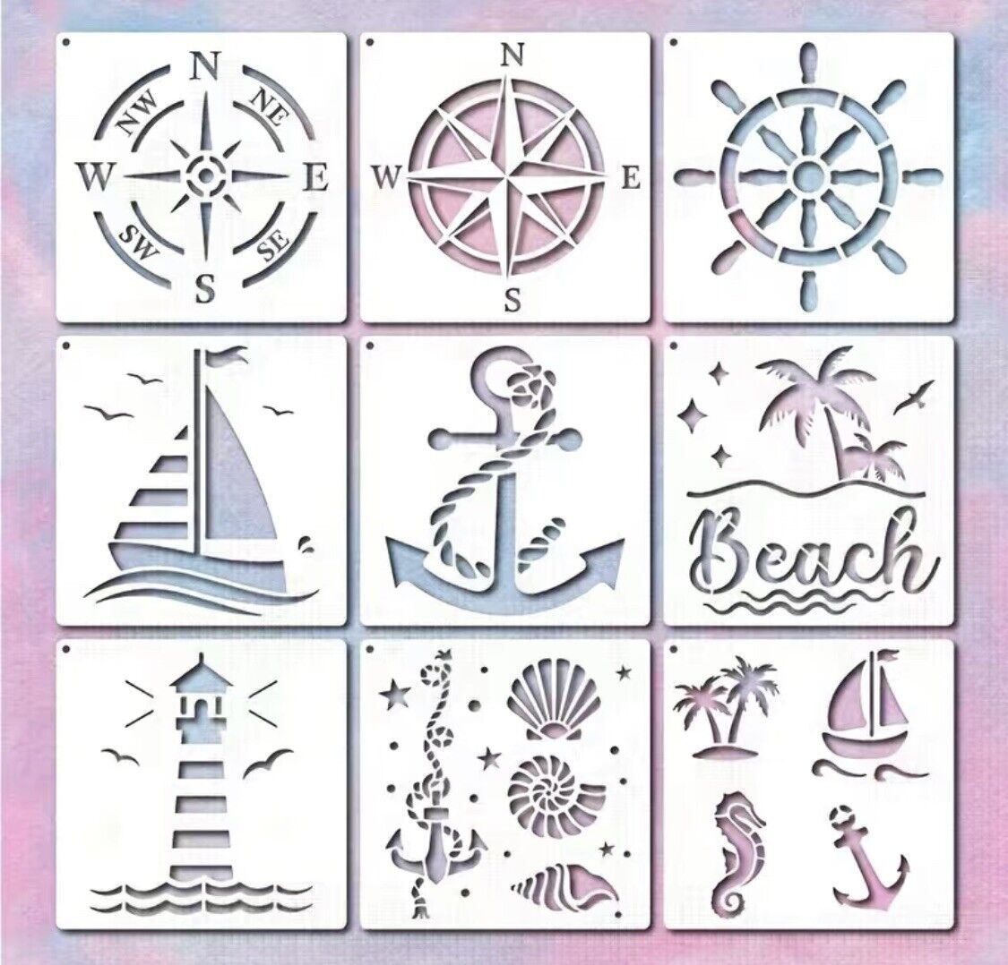 Sails Lot Of 9 Nautical Compass Seascape Stencils 5.9x5.9 Inches Very Nice