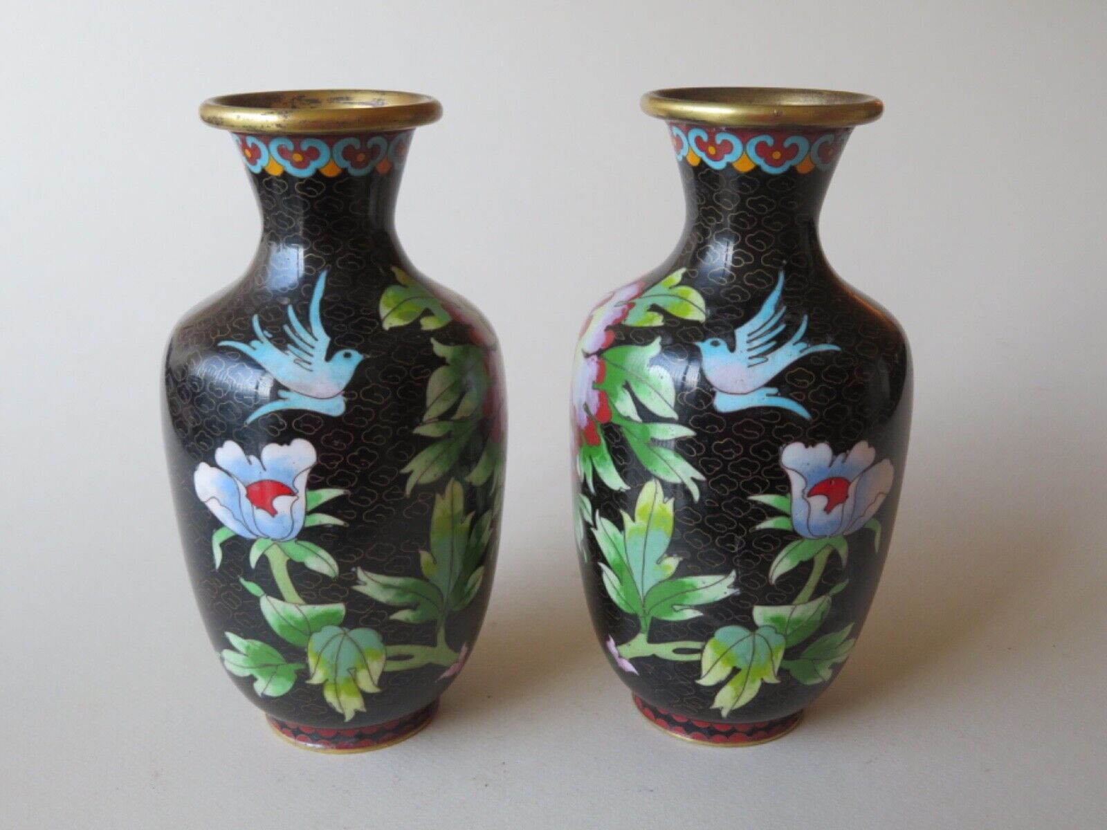 PAIR OF OLD CHINESE CLOISONNE VASES, PEONY, BIRDS, NARCISSUS ETC.