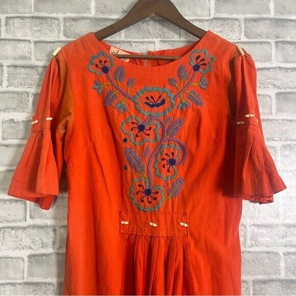 Vintage Handstitched Handmade Mexican Oaxacan Orange Coral Midi Dress Sz Large