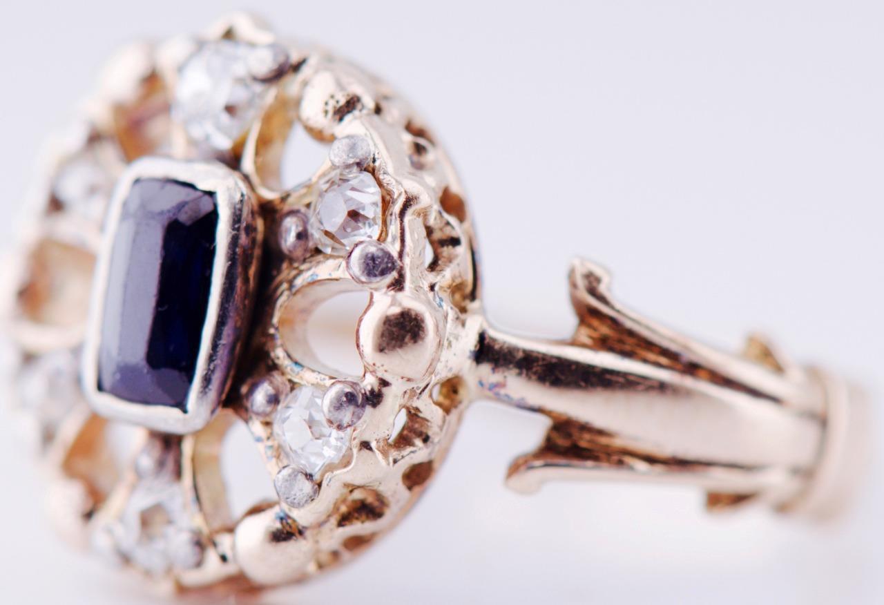 Antique Ladies Ring  Diamond Sapphire Art Deco Era 14k Gold c1930\'s-Size 5.5