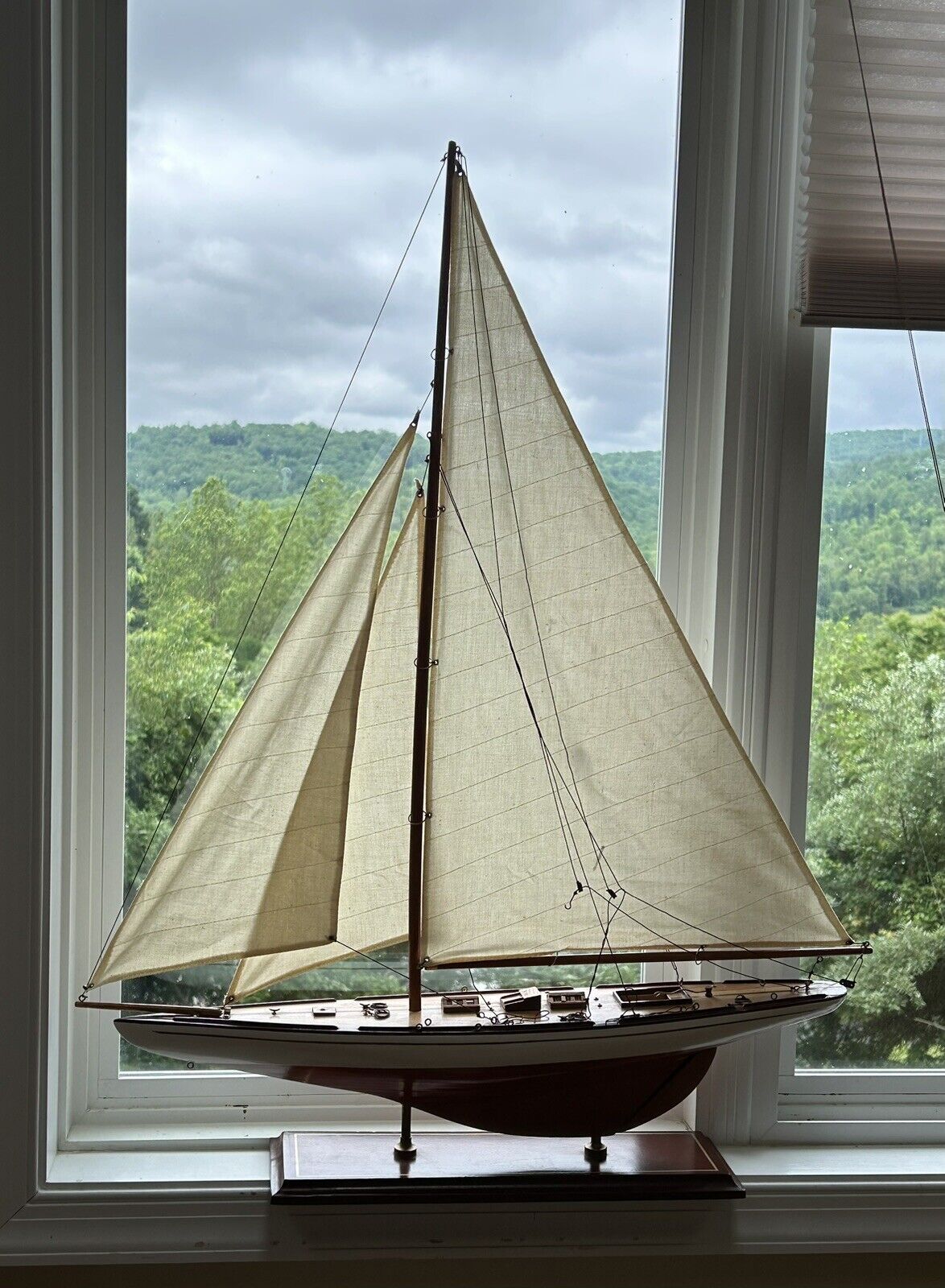 Vintage Large Wooden Model Sailboat Yacht Sailing Boat Boating Cloth Sails Stand
