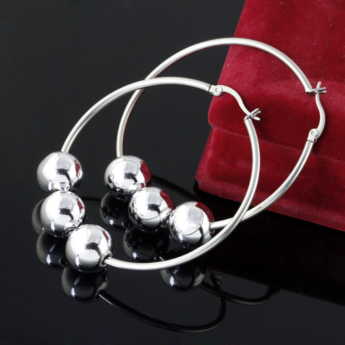 1pair Silver Beads Stainless Steel Big Round Fashion Women's Earrings Hoop
