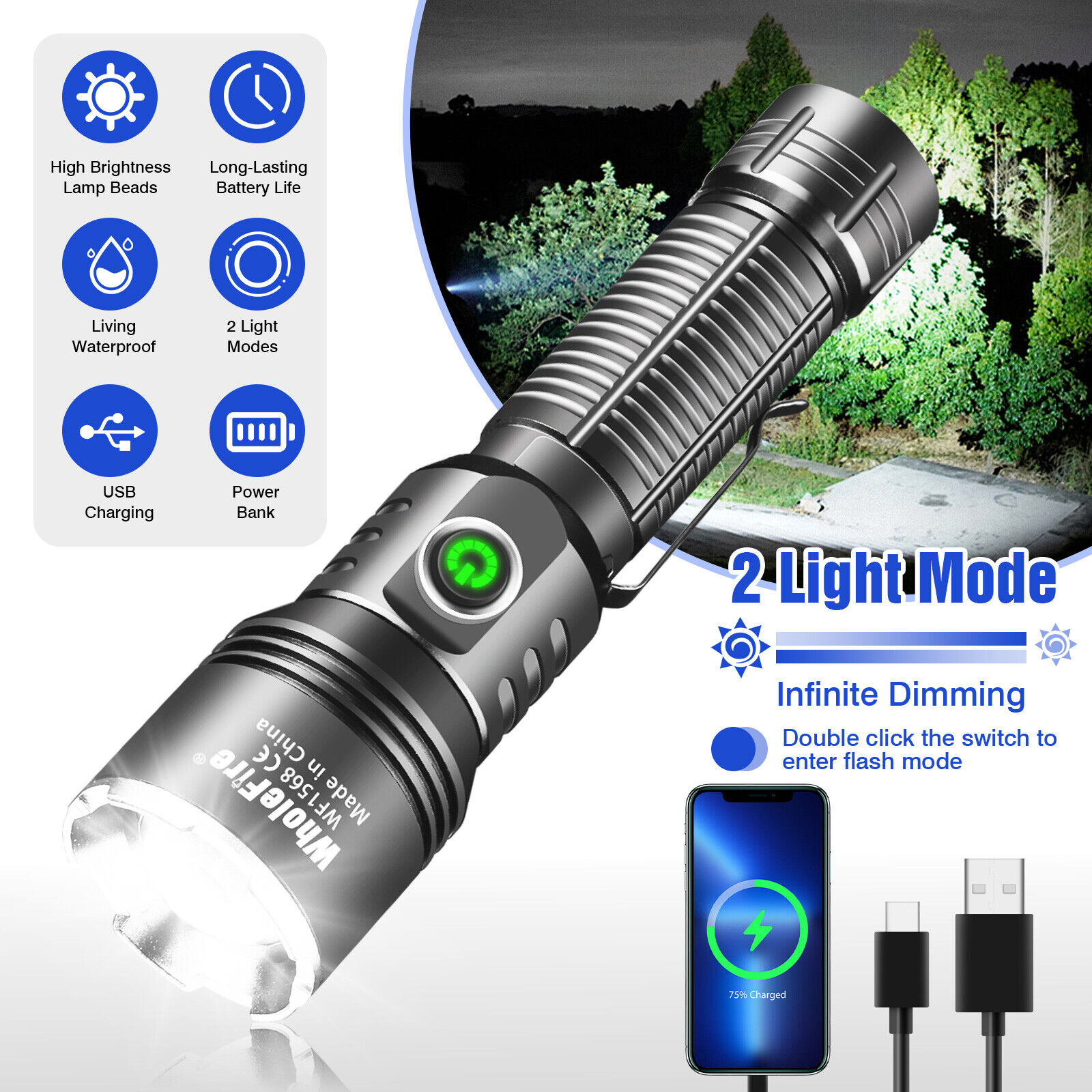 5000000 Lumen 2Modes LED Flashlight USB Rechargeable Super Bright Dimmable Torch