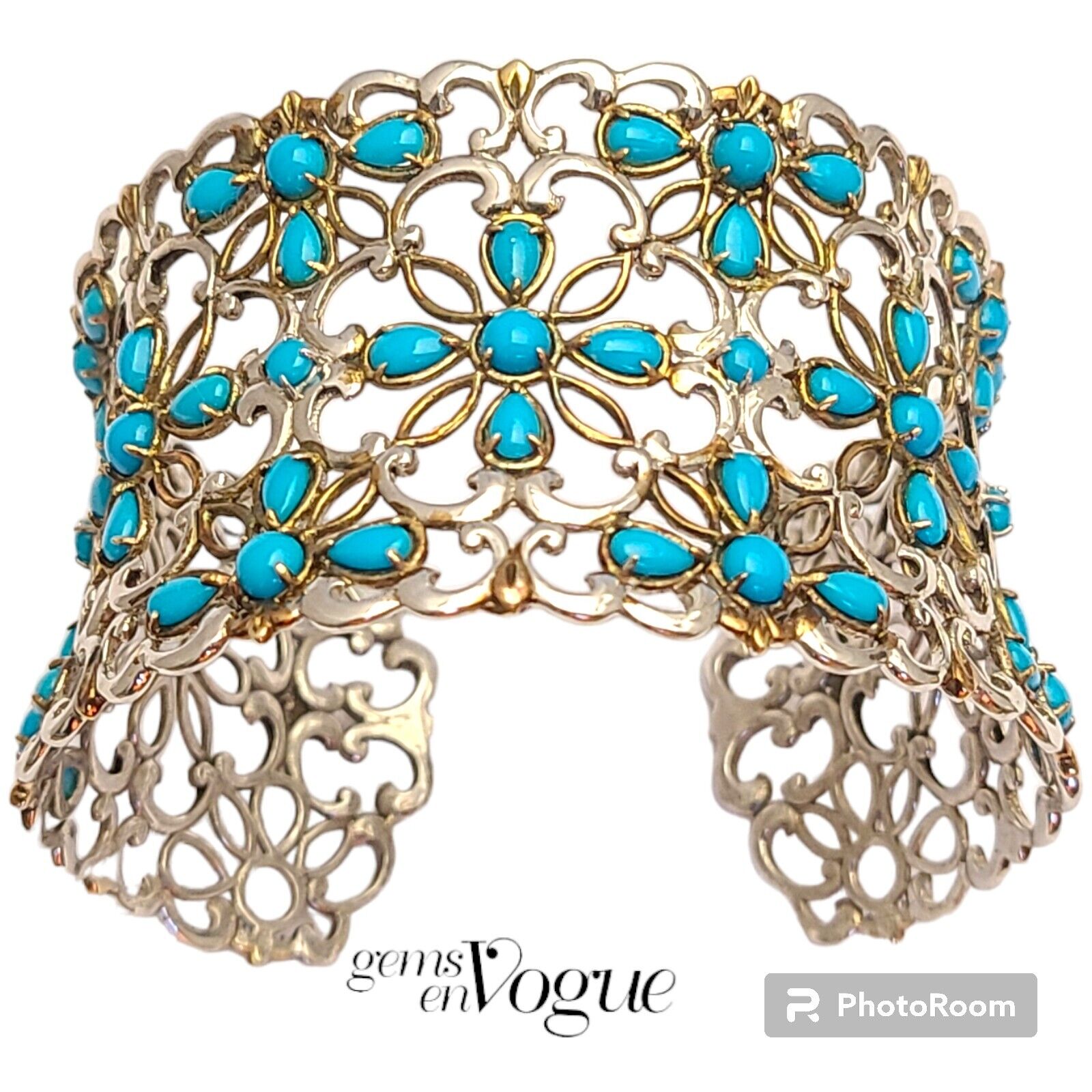 Large Gems en Vogue Sterling Sleeping Beauty Turquoise Flower Cuff Bracelet 