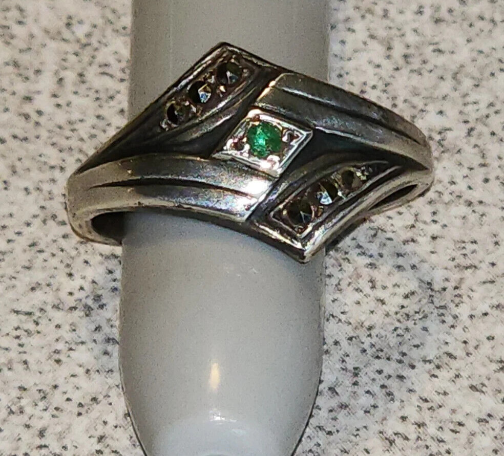 Vintage Marcasite and Emerald Sterling Silver Ring, Size 7.25