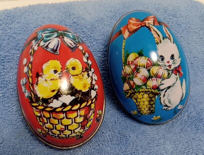 Vintage 1987 Mccrory Corp Easter Candy Tin Eggs, Red Chicks Blue Bunny 2pc Set