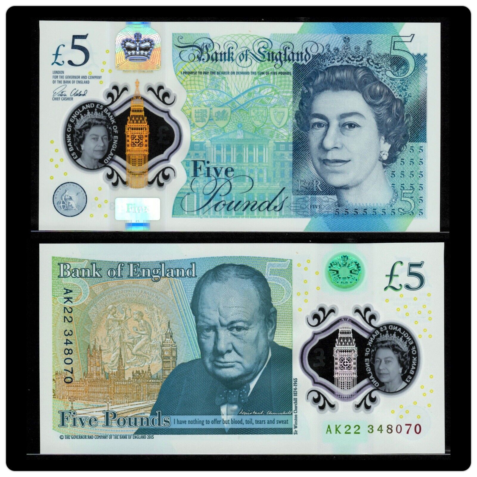 Great Britain British 5 pounds, UK 2015 QEII Polymer  UNC New