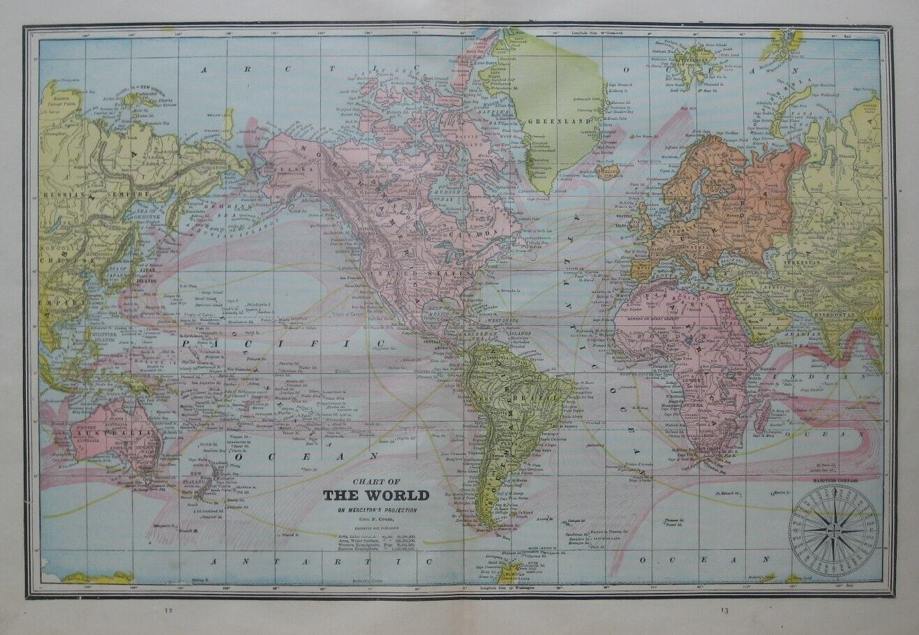 Original 1893 Antique Color Map CHART OF THE WORLD ON MERCATOR\'S PROJECTION