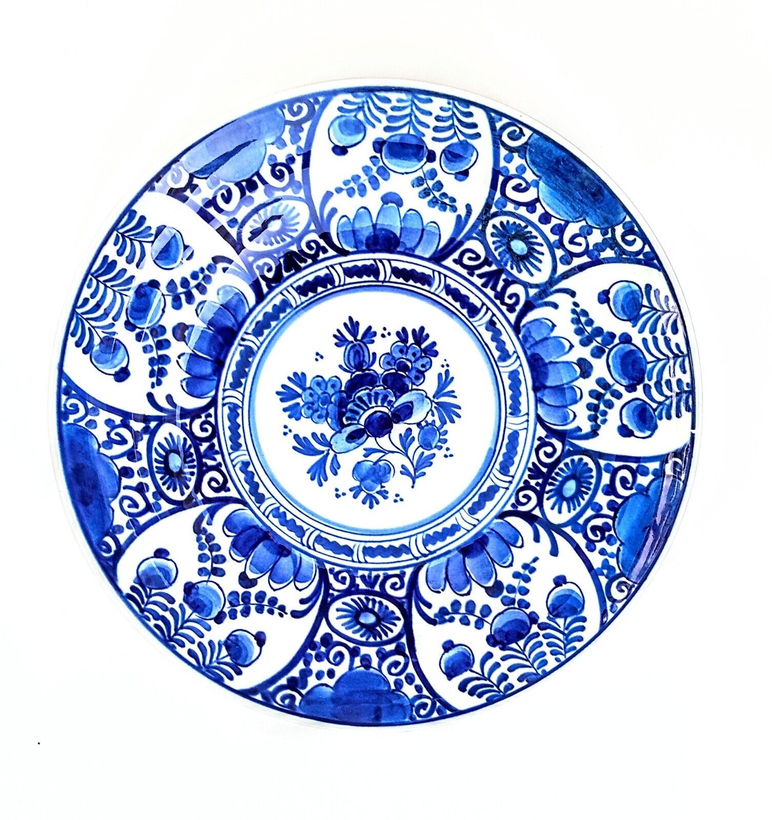 1961 Royal Delft Dutch Floral Plate Blue White Handpainted Art MCM Floral