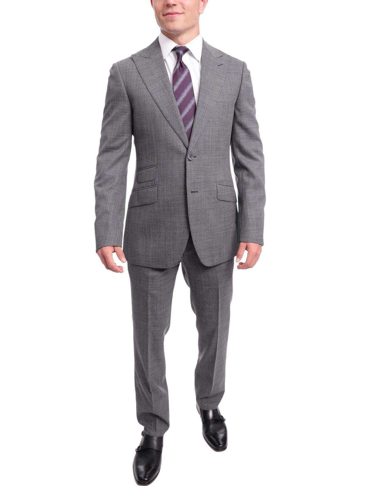 Napoli Slim Fit Gray Stepweave Half Canvassed Wool Suit With Peak Lapels