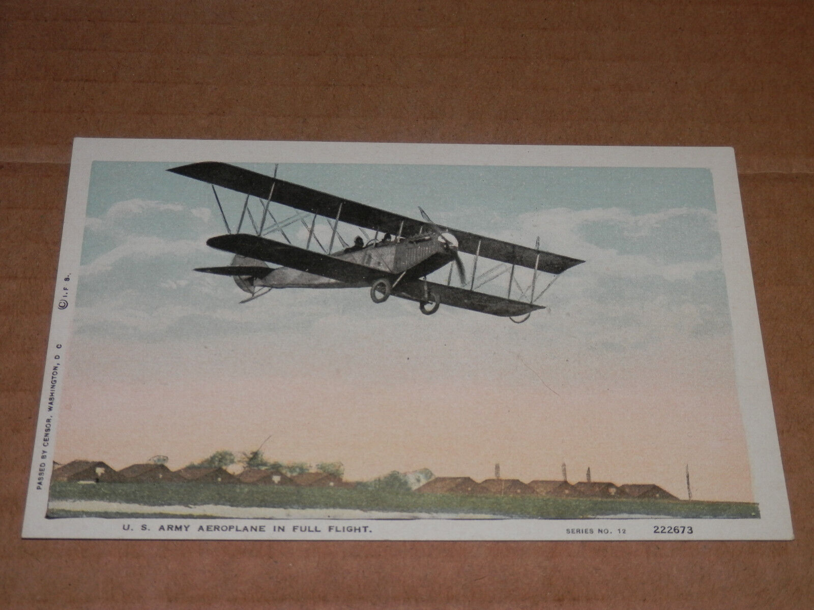 U.S. ARMY AEROPLANE in FULL FLIGHT - 1915-1920\'S ERA POSTCARD - BI-PLANE