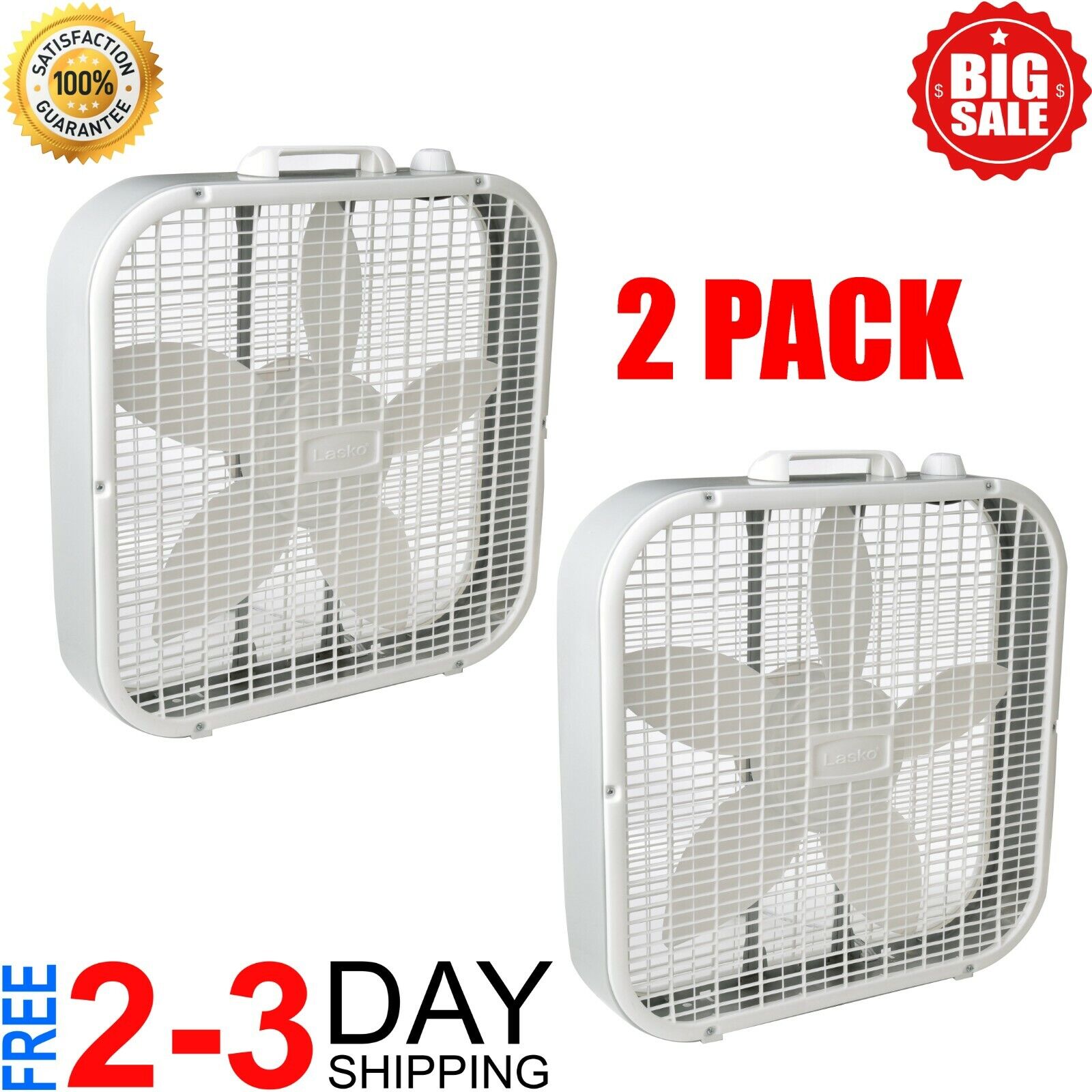 20 Inch Box Fan 3-Speed (2 Pack) Lasko Portable White Box Fan Air Circulation