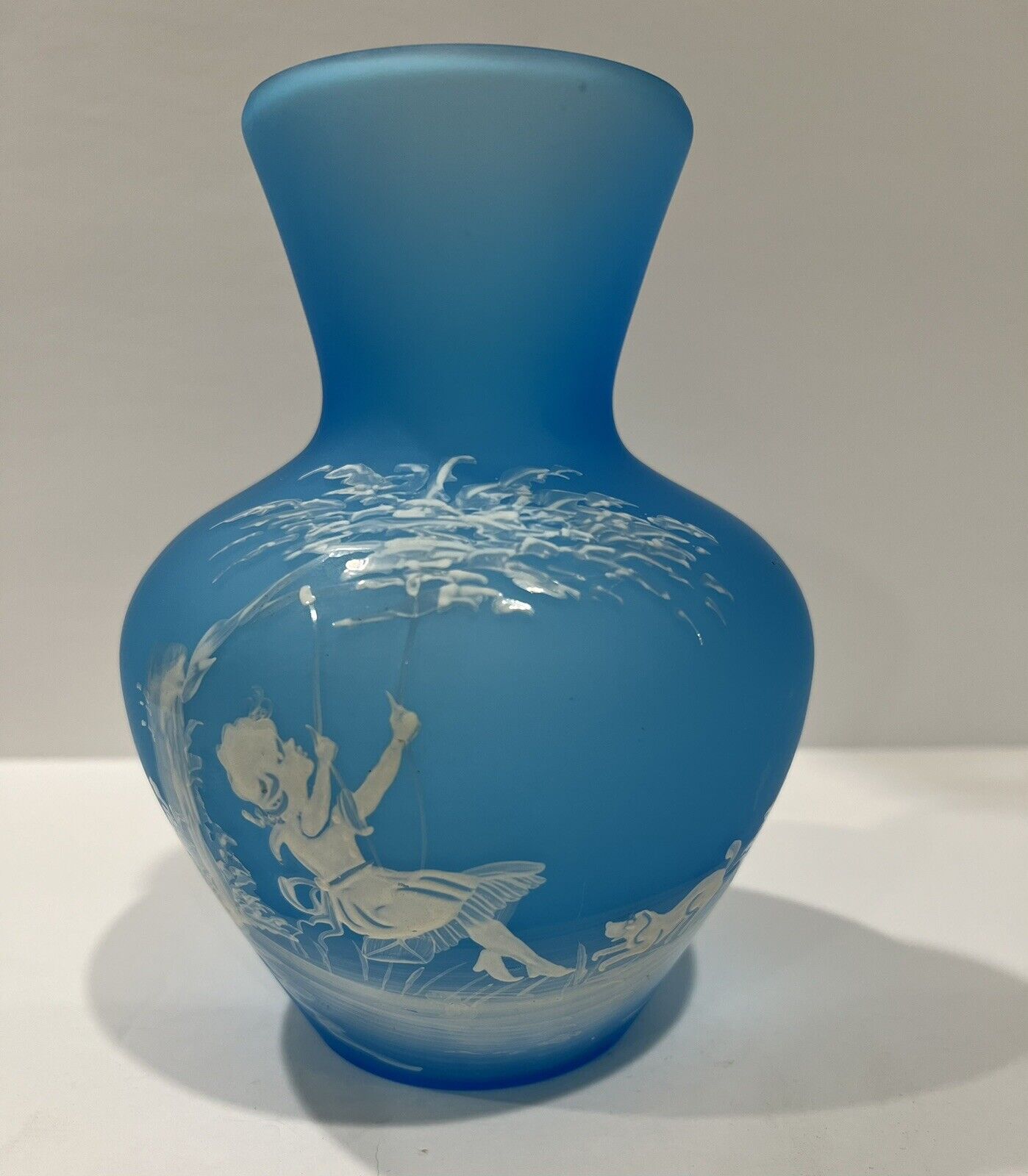Vintage Mary Gregory Westmoreland Blue Satin Glass Vase Girl on Swing Signed