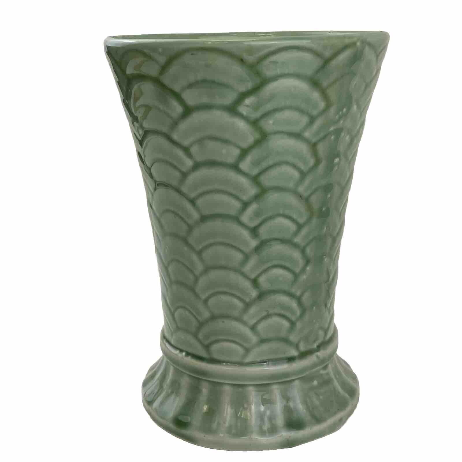 Large Vintage Monmouth Pottery Vase Green Scalloped Fish Scale Design Sage