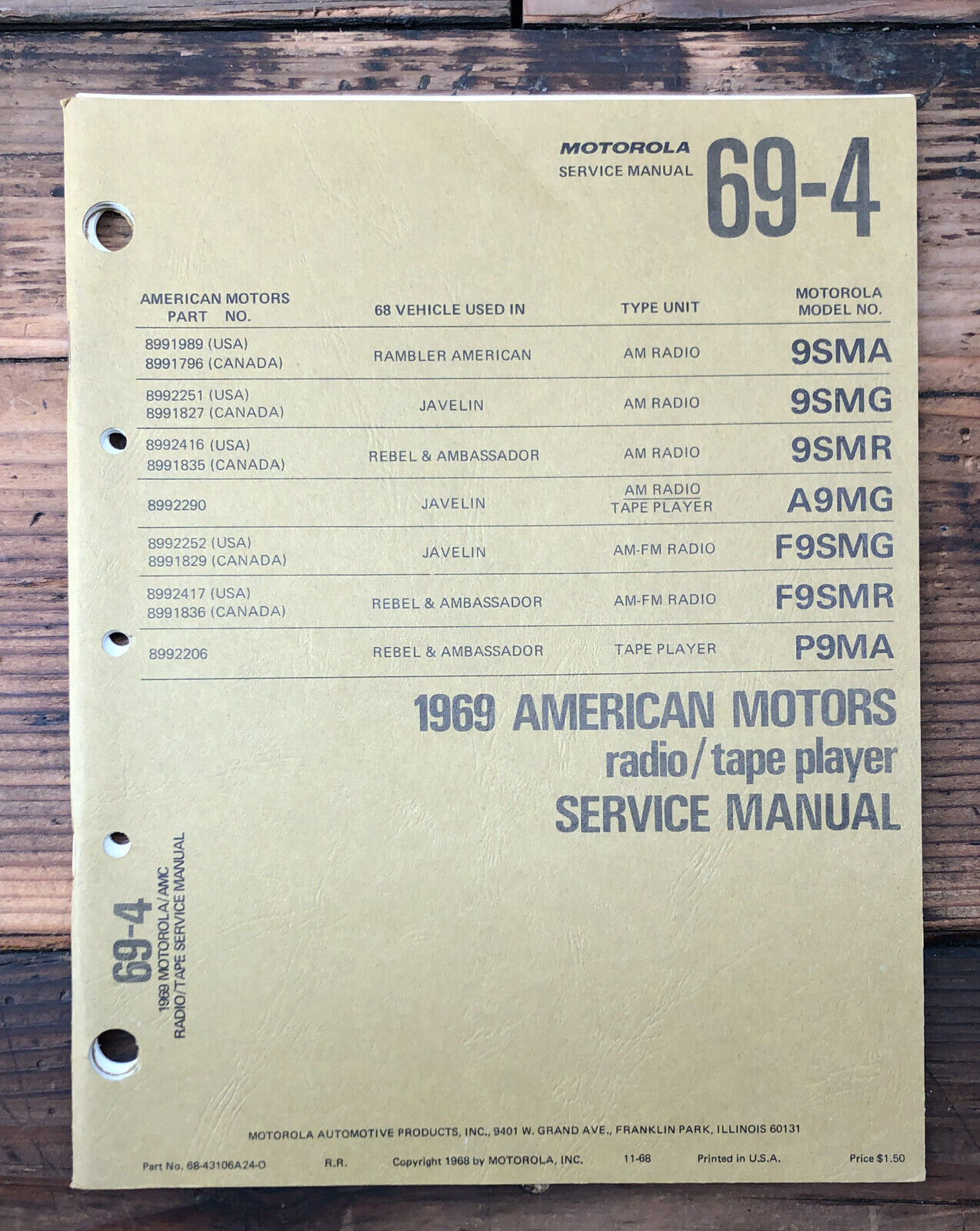 Motorola / AMC 1969 Car Stereo 9SMA 9SMG 9SMR F9SMG P9MA Service Manual *Orig*
