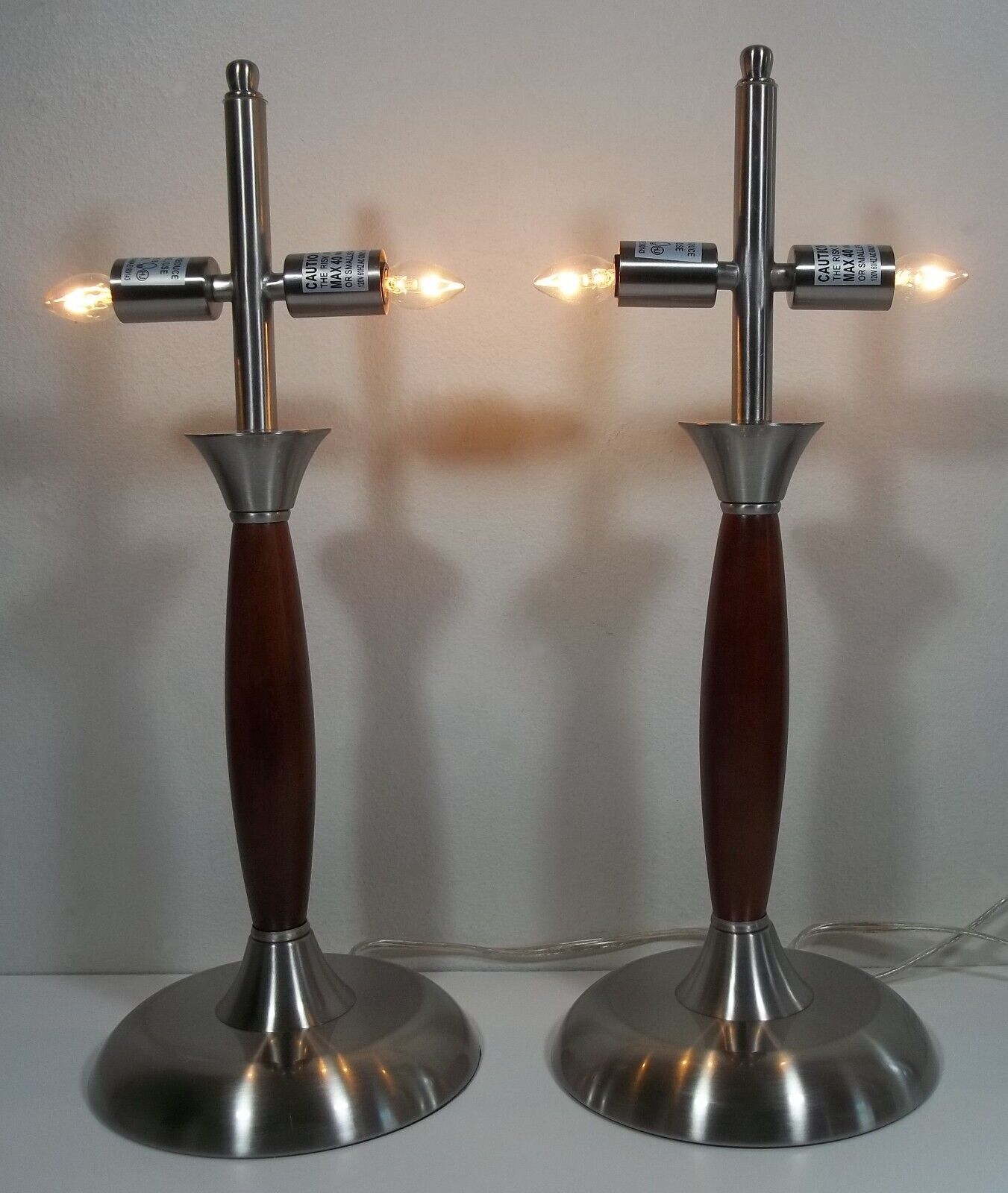 Lot of 2 Mid Century Natural Wood and Stainless Steel Touch Control Table Lamps