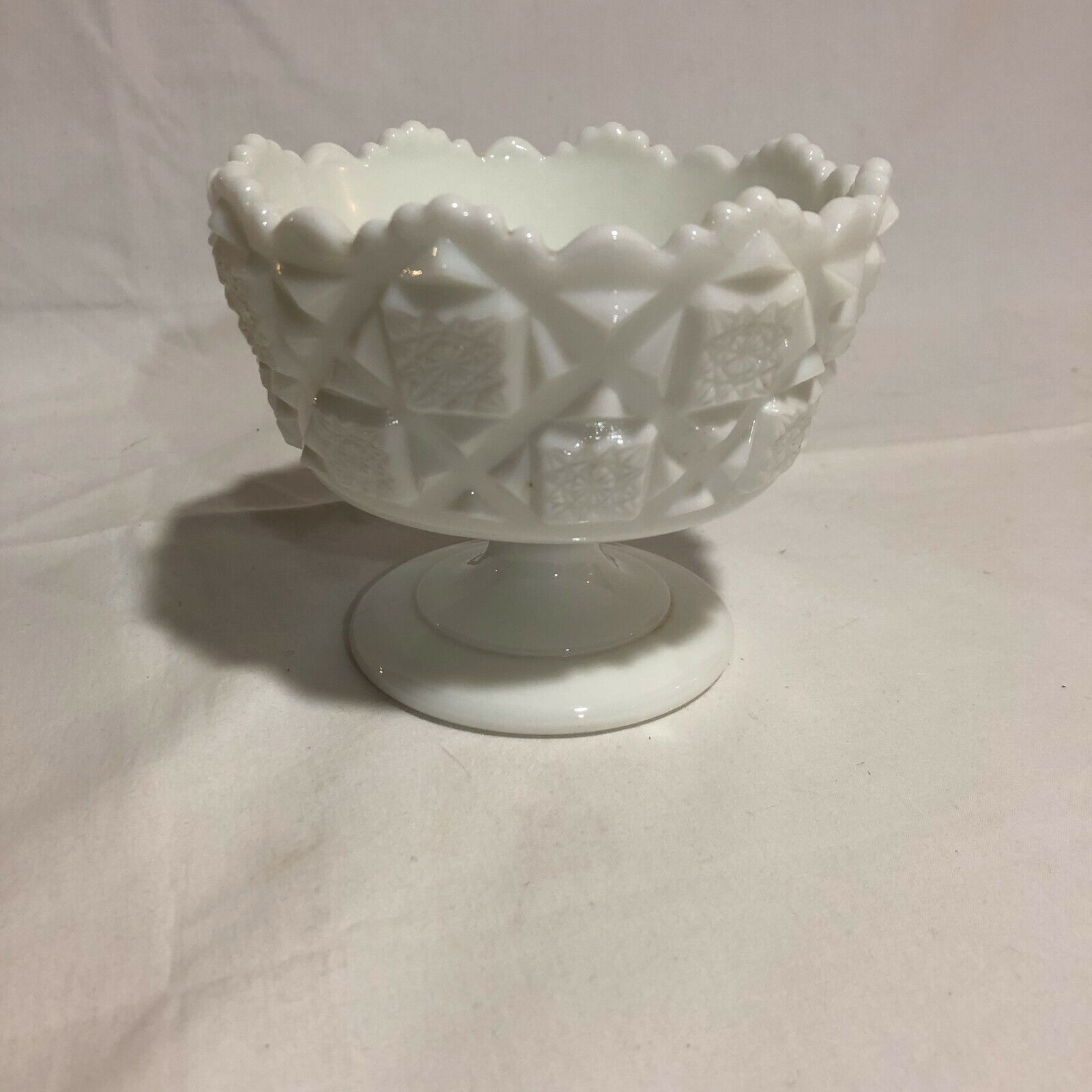 Vintage Westmoreland White Milk Glass Candy Nut Dish Old Quilt Pattern-Beautiful