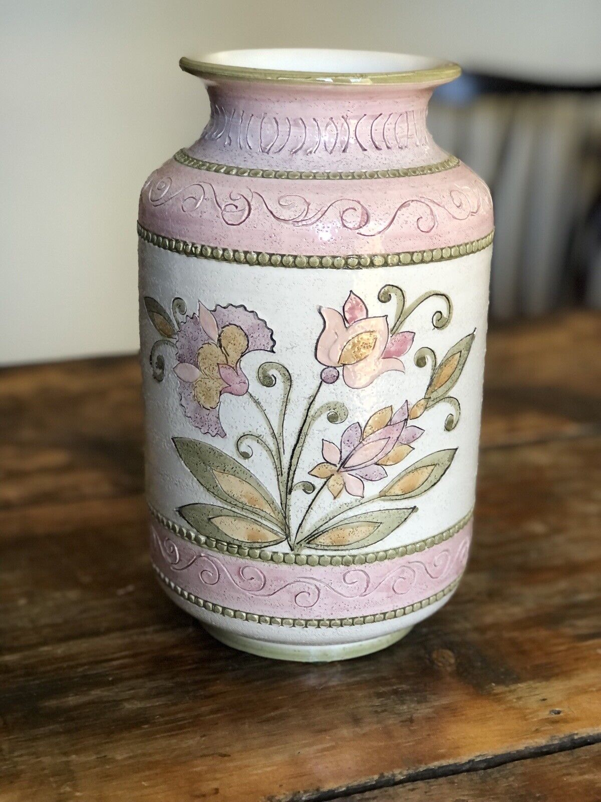 Vintage Italian Pottery Bitossi Flower Floral Vase Cream & Pink