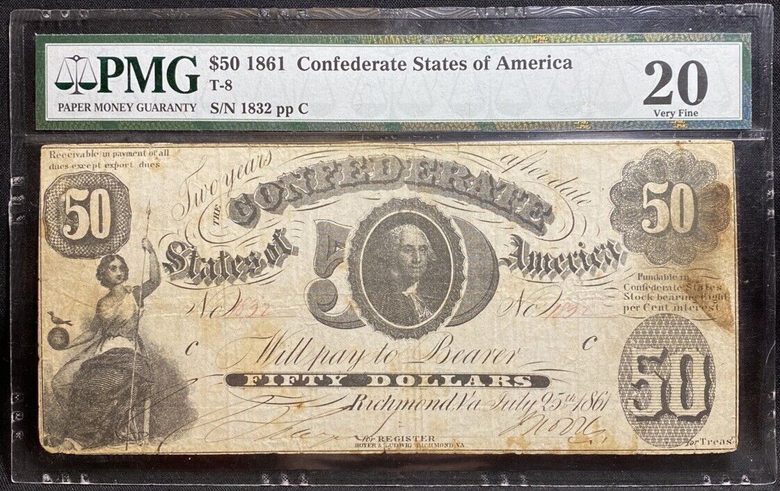 T-8 $50 1861 Confederate States Banknote Civil War Confederacy Money, PMG VF 20