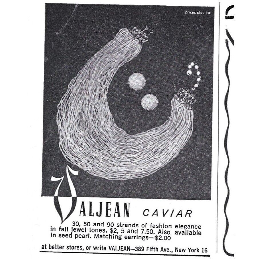Valjean Caviar Necklace Jewelry Fashion NYC 1960s Vintage Print Ad 3 x 4 inch