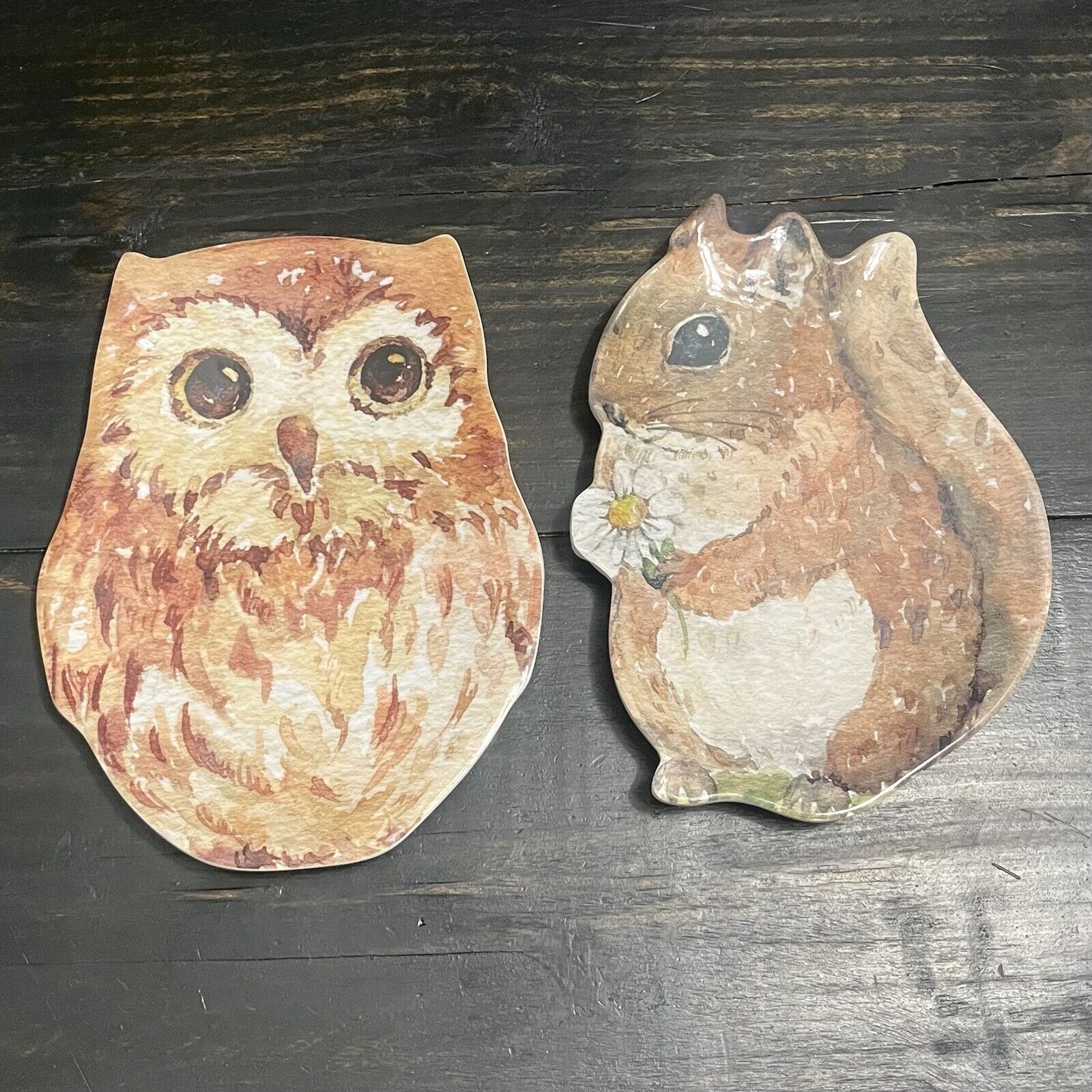 Pier 1 Melamine Owl   And  Chipmunk/Squirrel  Plates 2pc Set Unused Cute
