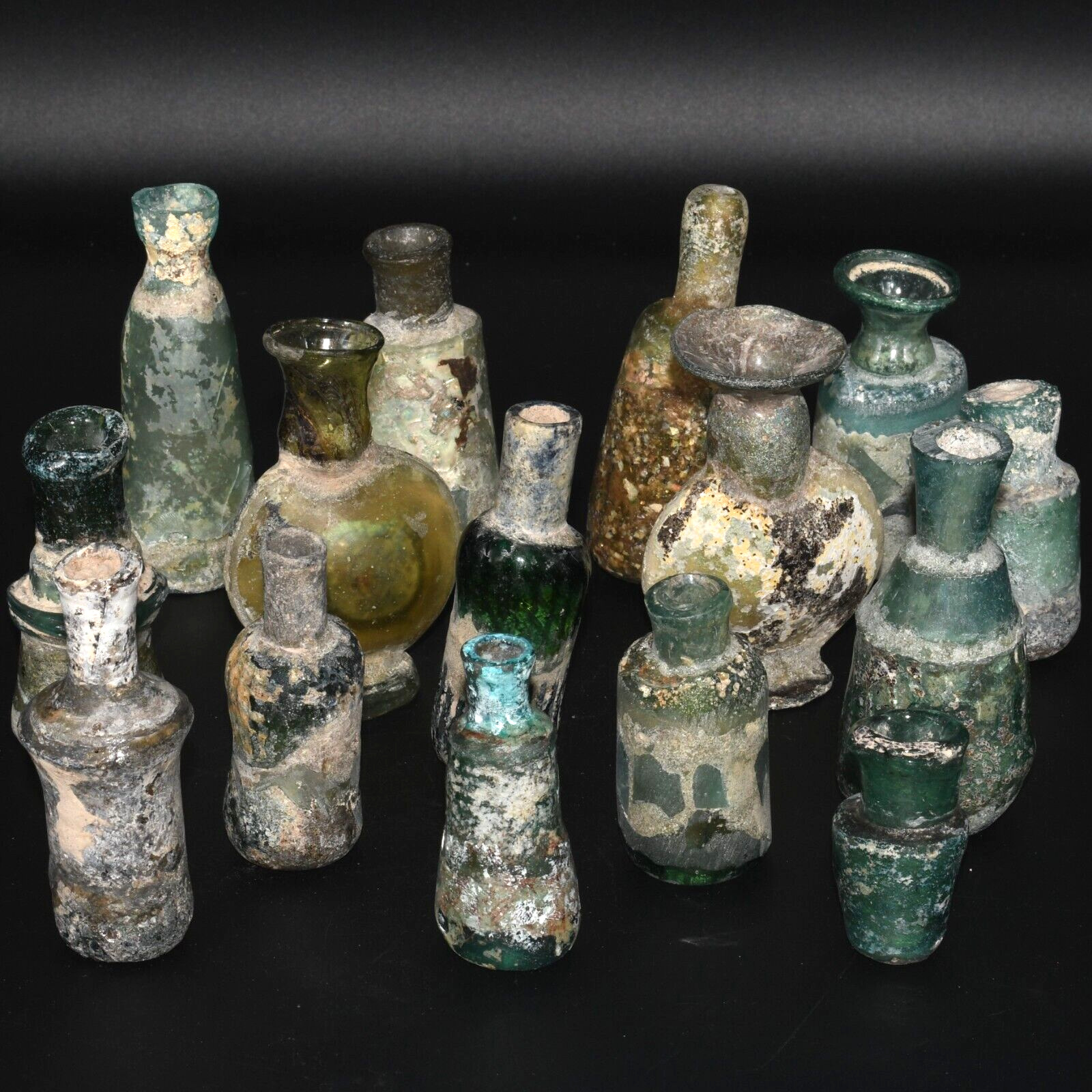 15 Genuine Ancient Roman Glass Bottles & Vessels Circa 1st - 2nd Century AD