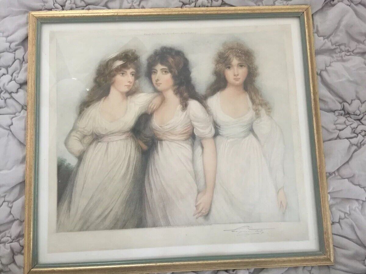 Antique English Lithograph  Portrait Three Graces/Sisters Signed Bottom Right