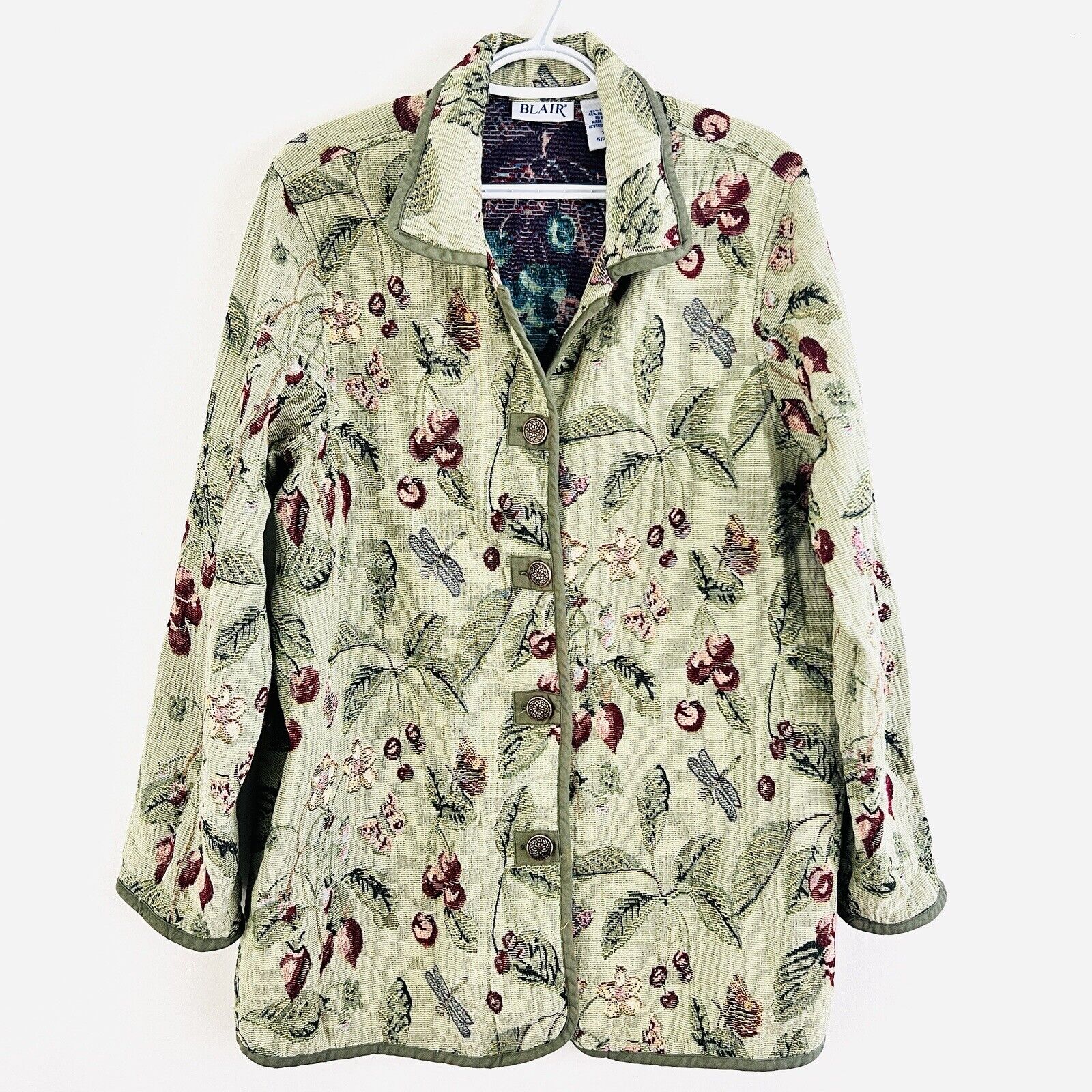 Gorgeous Vintage Blair Green Floral & Dragonfly Tapestry Jacket ~ Size XL ~ Boho