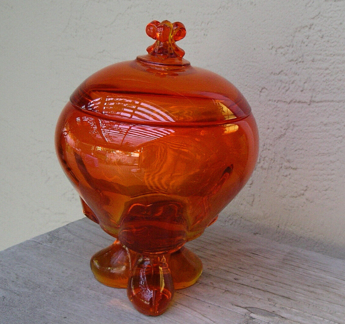 viking glass Epic covered candy dish - Persimmon Orange Epic Three Foils footed