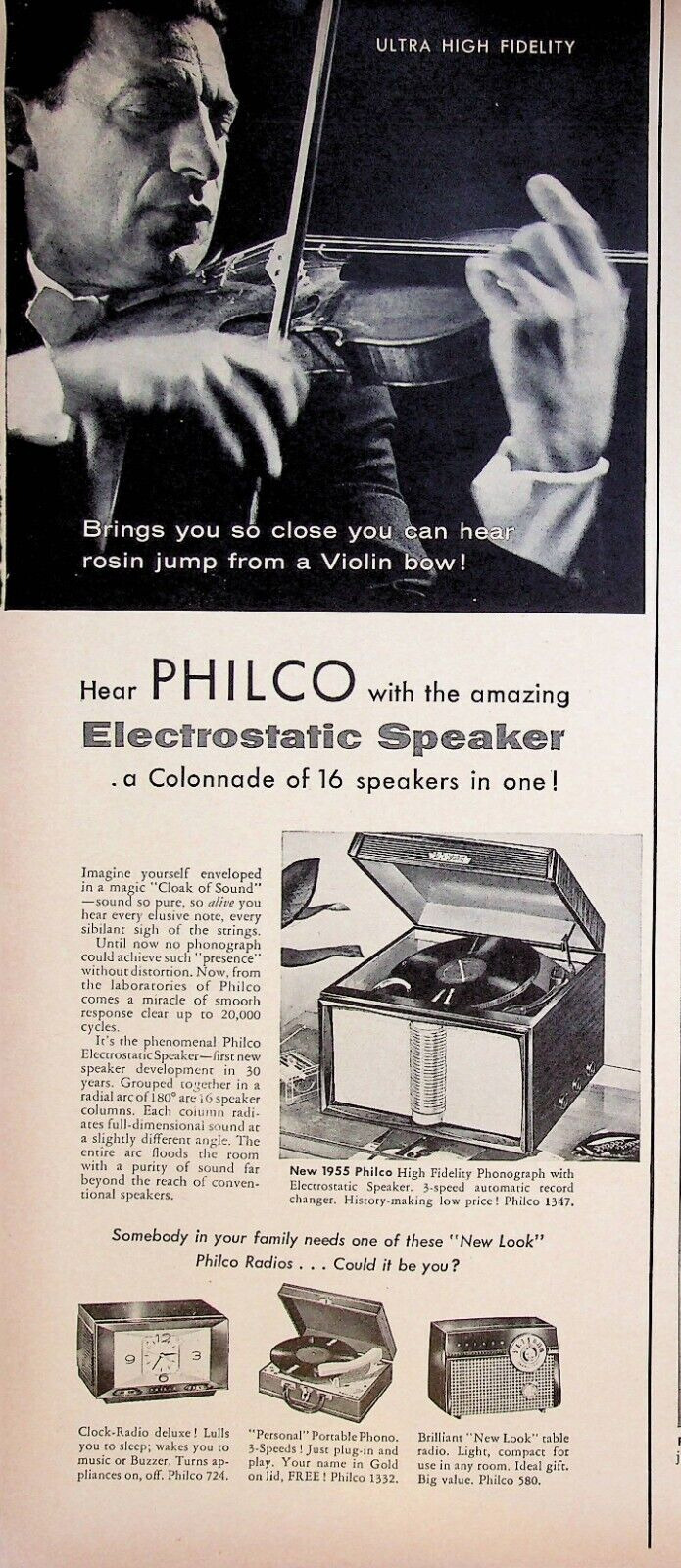 1954 Philco Electrostatic Phonograph Speaker High Fidelity Violin 1950s Print Ad