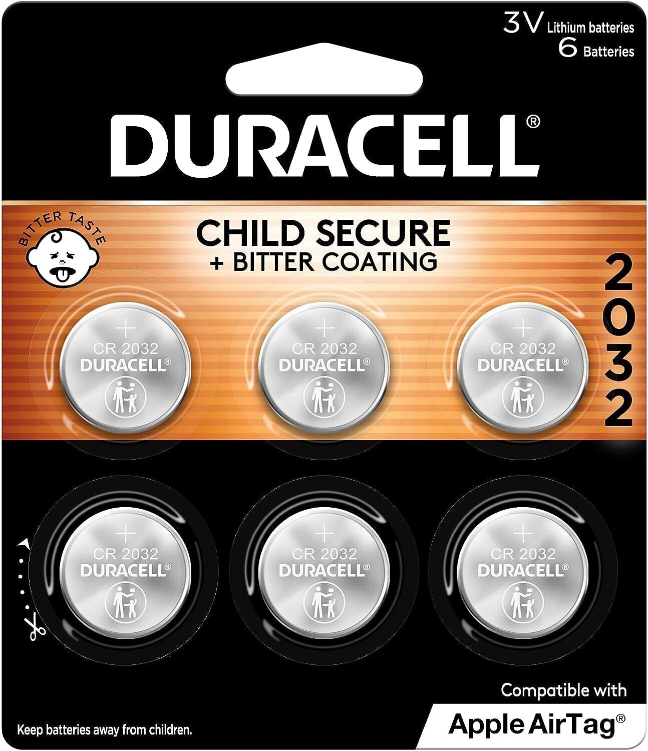 Duracell CR2032 3V Lithium Battery, Child Safety Features, 6 Count Pack, Lithium