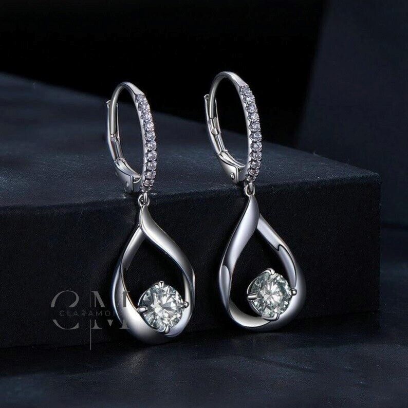 Moissanite Drop/Dangle Earrings Solid 14K White Gold 2.50 Carat Round Cut VVS1