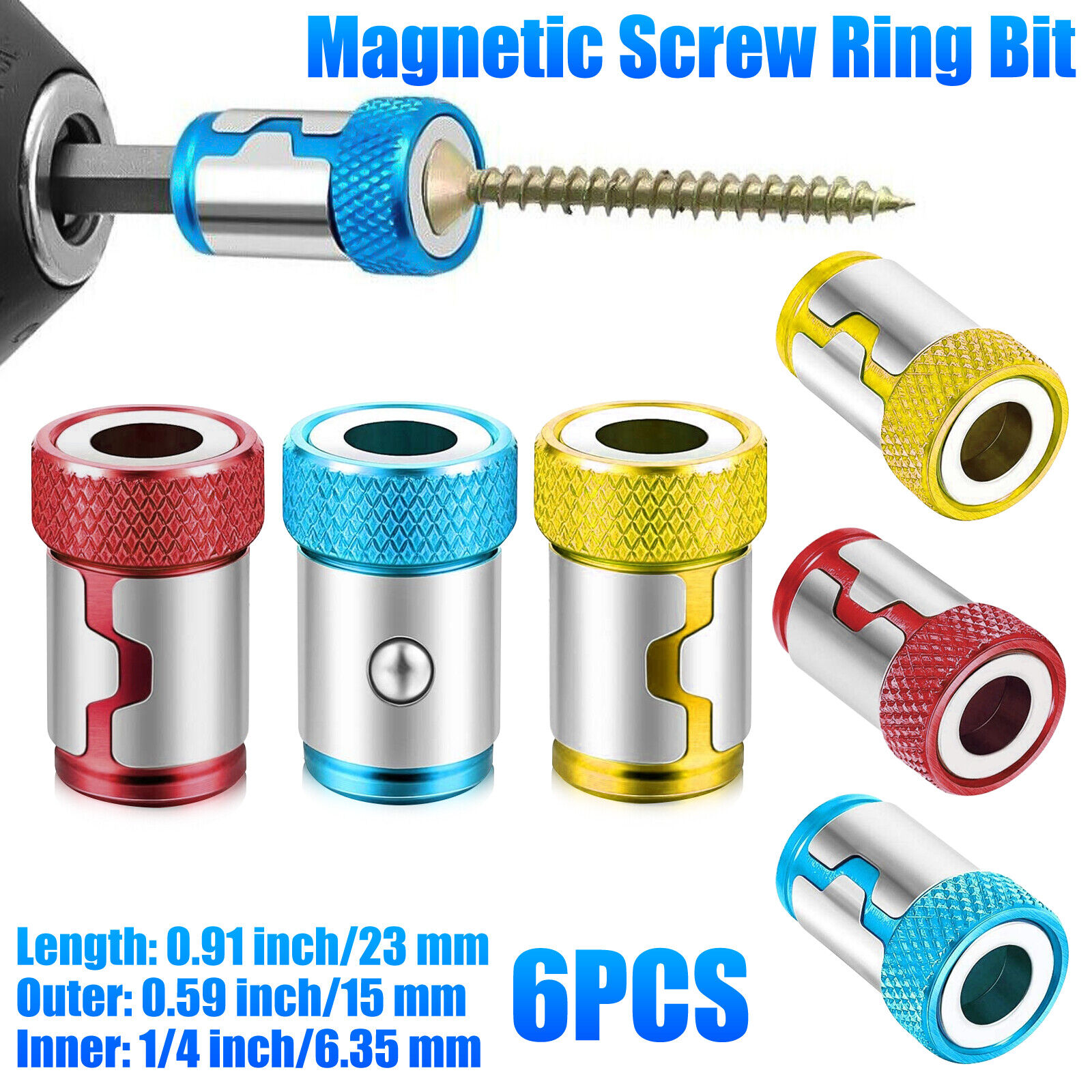 6PCS 1/4 inch Screwdriver Bits Batch Head Holder Magnetic Ring Screwlock Sleeve