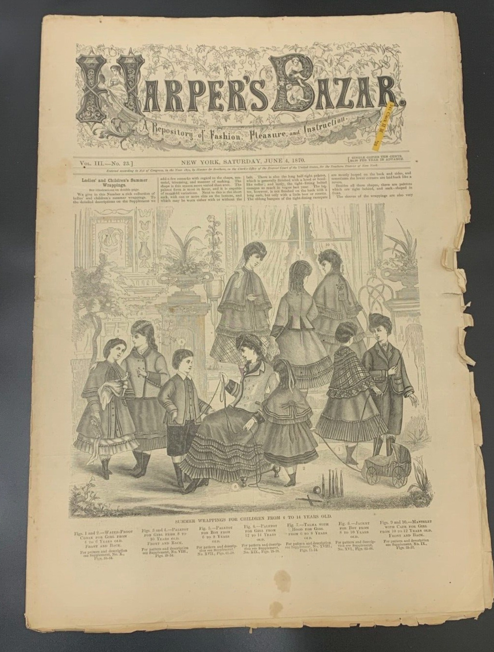 1870 JUNE 4 HARPER\'S BAZAR MAGAZINE Fashion History DRESS PATTERN INCLUDED