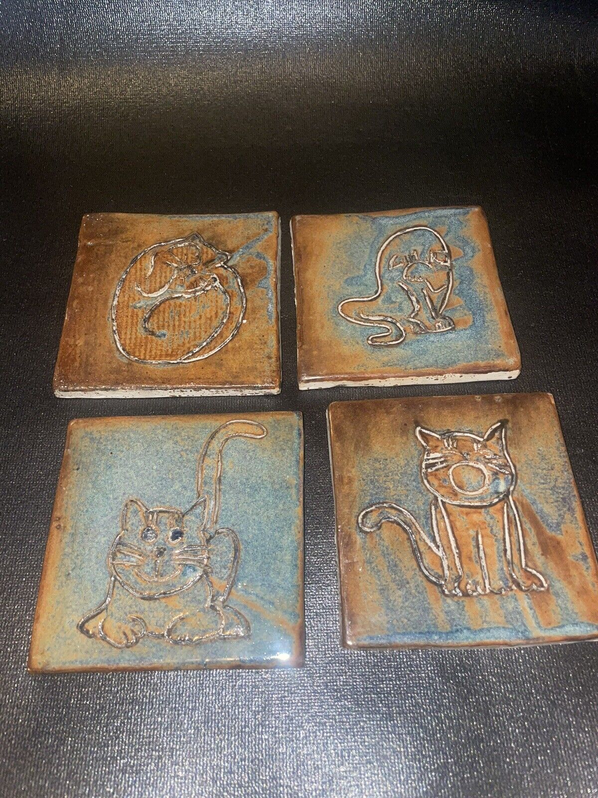 Vintage Mexican Tiles Hand-Crafted Kitty Cat Clay Pottery Tiles 4pc Set
