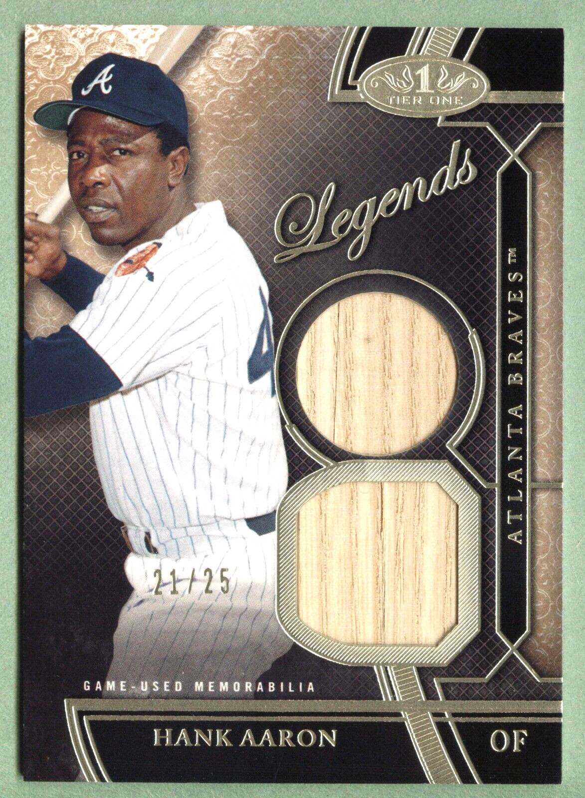 2015 TOPPS TIER ONE HANK AARON LEGENDS #21/25 GAME USED DUAL BAT RELIC BRAVES