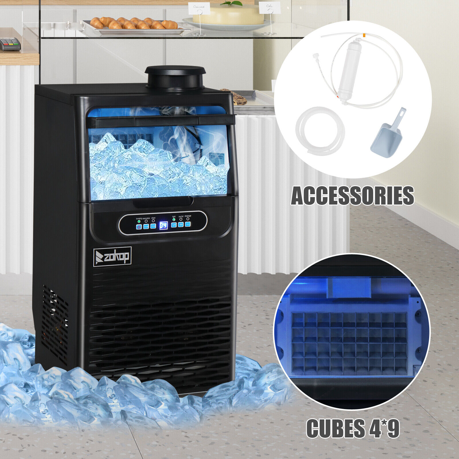 ZOKOP 90lbs Built-in Commercial Home Bar Service Ice Maker Cube Machine Electric