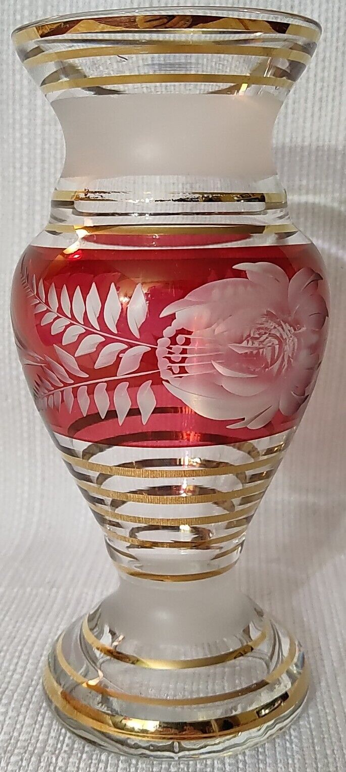 Vintage Ruby Red & Gold Etched Vase with Frosted Glass - Paracin, Yugoslavia EUC