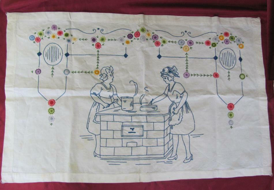 19C ANTIQUE WWI HAND EMBROIDERED DECORATIVE COTTON WALL RUG TAPESTRY