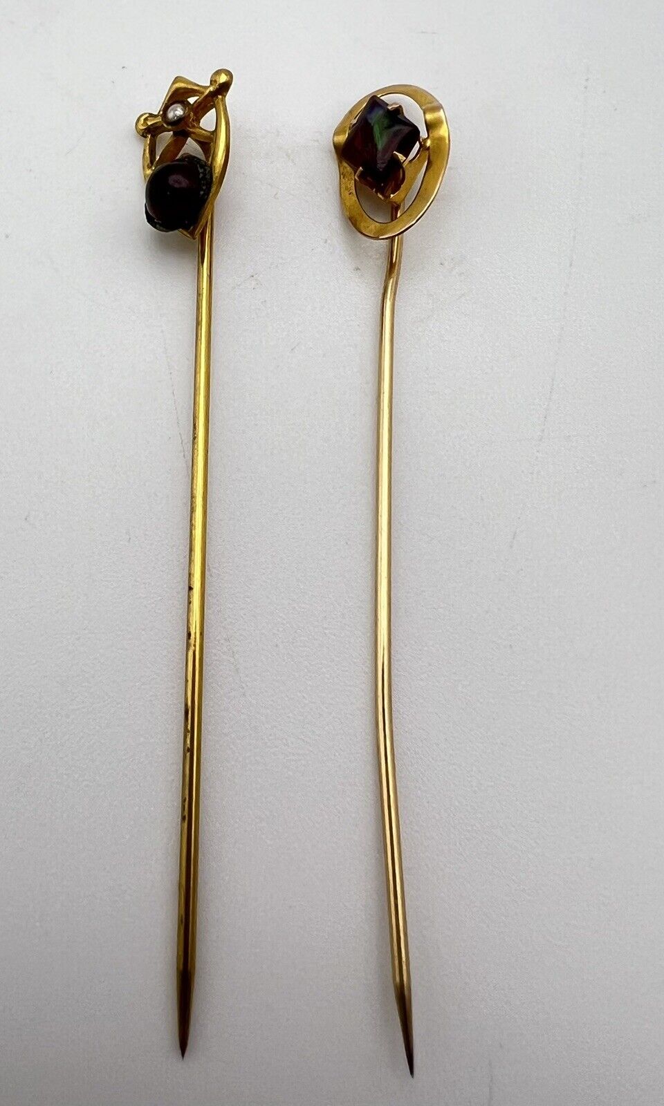Vintage Pair Of Art Deco Gold Toned Red Gem Stick Pins