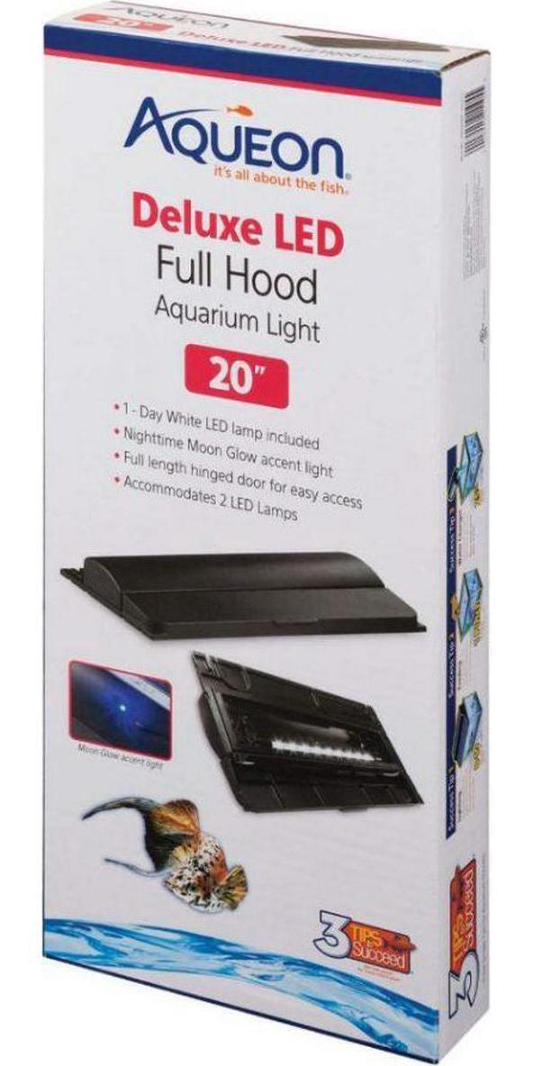 Aqueon Deluxe LED Full Hood For Aquariums Hinged Door Access Day White Moon Glow