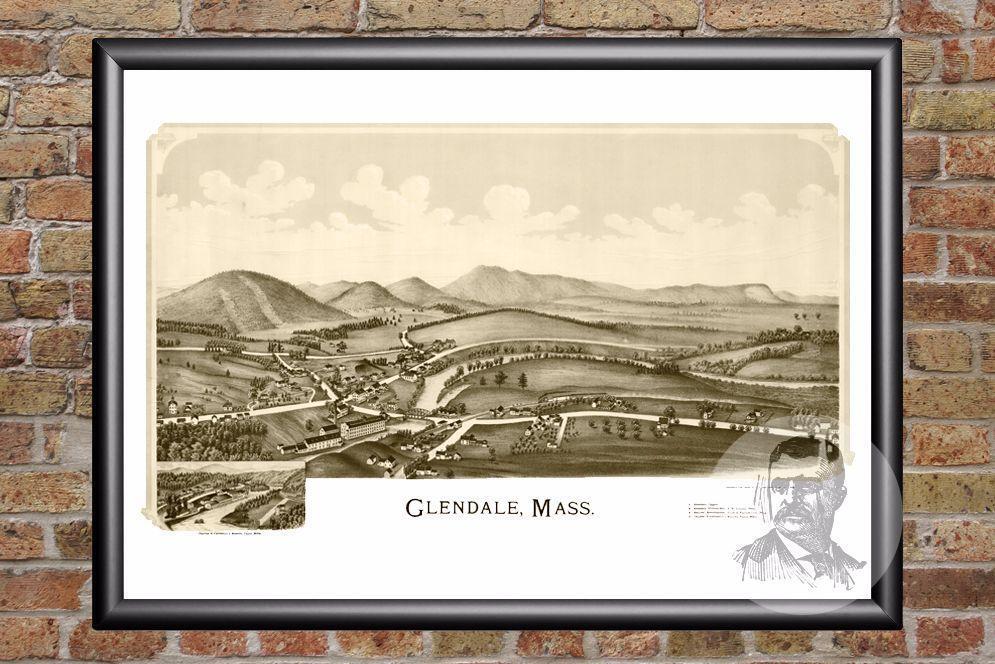 Vintage Glendale, MA Map 1890 - Historic Massachusetts Art Victorian Industrial