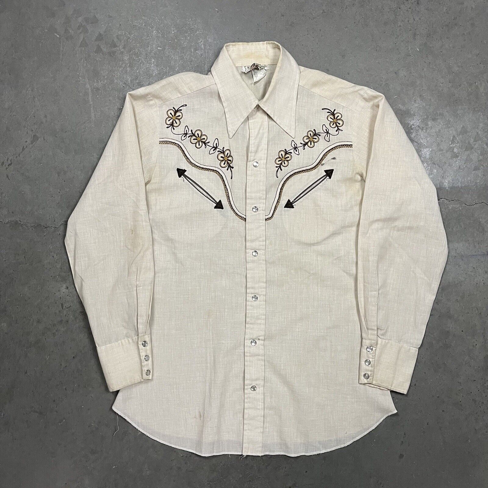 Vintage Western Pearl Snap Long Sleeve Collared Shirt Beige L