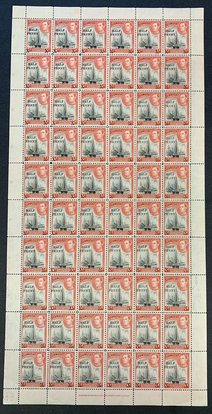 Bermuda, Scott #129, King George VI,  1/2p on 1p Sheet of 60, Mint, N.H., V.F.