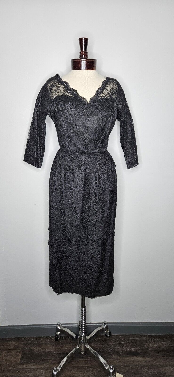 Vintage 1960s Ferman O\'grady Black Lace Tiered Cocktail Dress Size Small