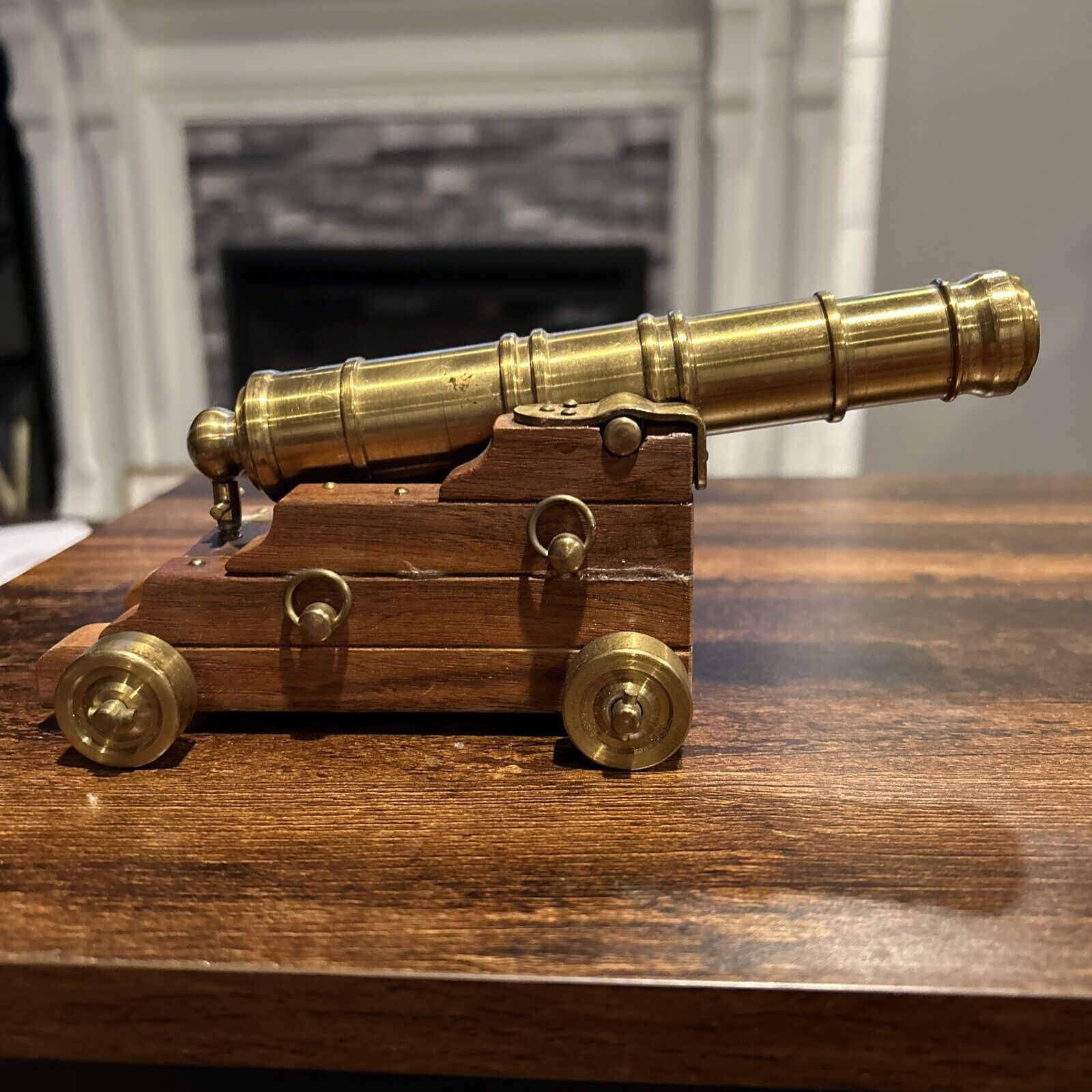 Brass Model Cannon on Wooden Carriage
